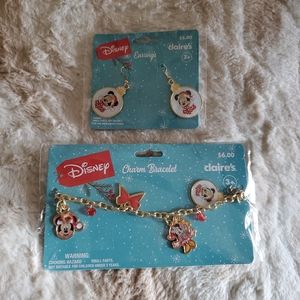 New Minnie Mouse Santa Earrings & Charm Bracelet Set Bows Christmas